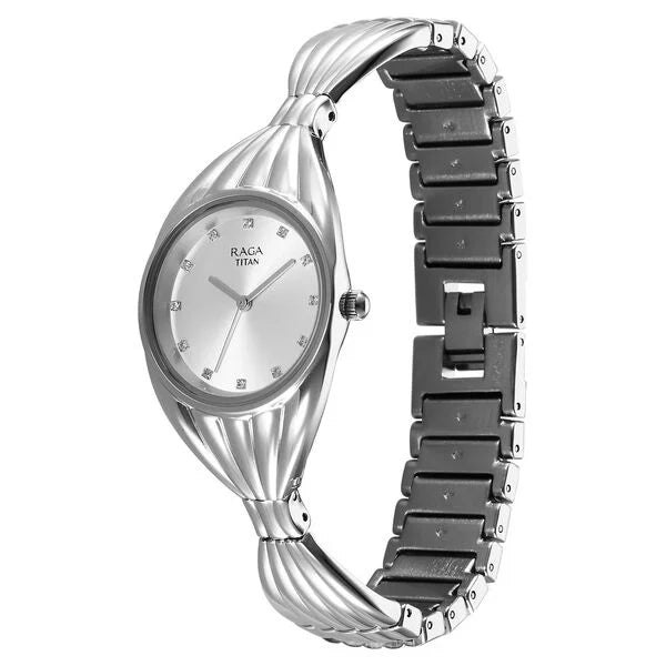 Titan Raga Memoirs Quartz Analog Silver Dial With Silver Metal Strap Watch For Women 95254sm01f