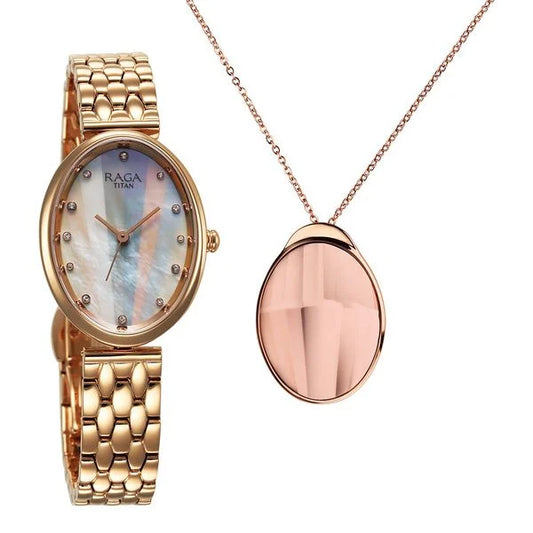 Titan Raga Memoirs Quartz Analog Mother Of Pearl Dial With Rose Gold Metal Strap Watch For Women 95258wm01f