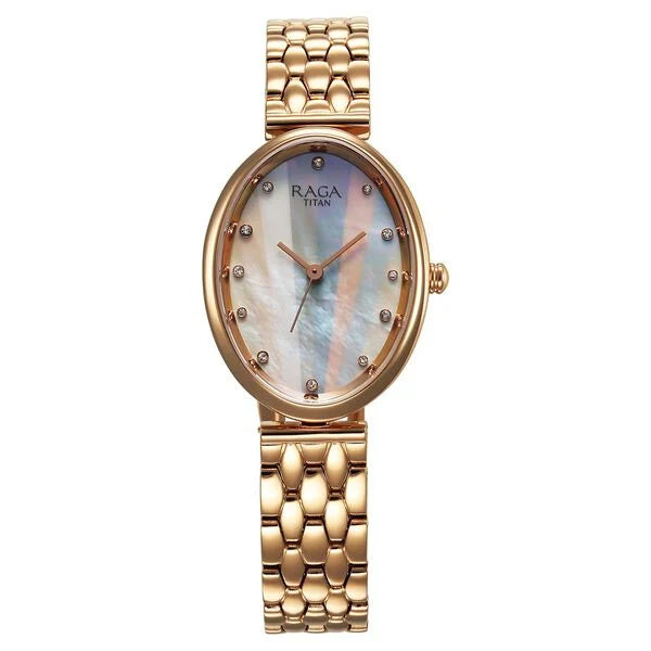 Titan Raga Memoirs Quartz Analog Mother Of Pearl Dial With Rose Gold Metal Strap Watch For Women 95258wm01f