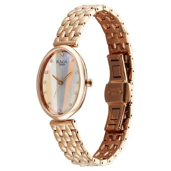 Titan Raga Memoirs Quartz Analog Mother Of Pearl Dial With Rose Gold Metal Strap Watch For Women 95258wm01f