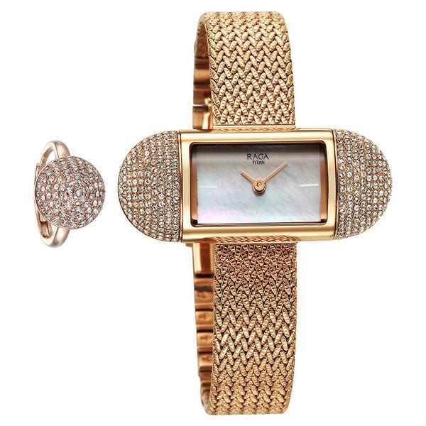 Titan Raga Memoirs Quartz Analog Mother Of Pearl Dial With Rose Gold Metal Strap Watch For Women 95259wm01f