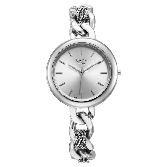 Titan Raga Showstopper Quartz Analog Silver Dial Metal Strap Watch for Women 95265SM01 / NS95265SM01