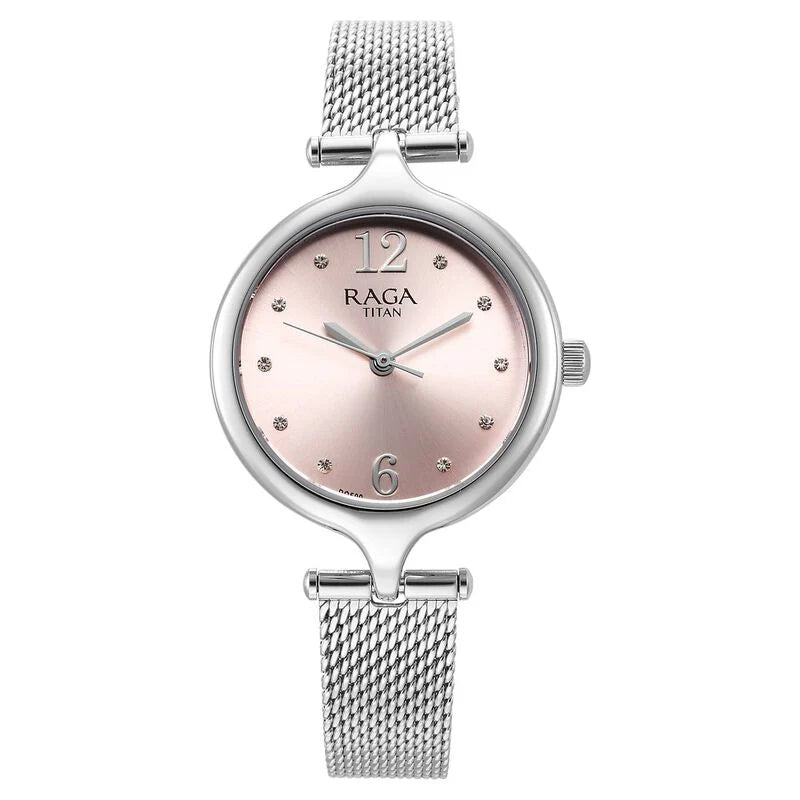 Titan Raga Showstopper Quartz Analog Pink Dial Metal Strap Watch for Women 95268SM01