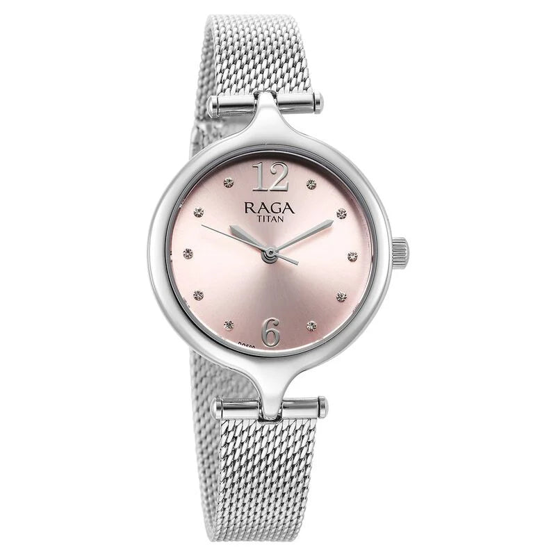 Titan Raga Showstopper Quartz Analog Pink Dial Metal Strap Watch for Women 95268SM01