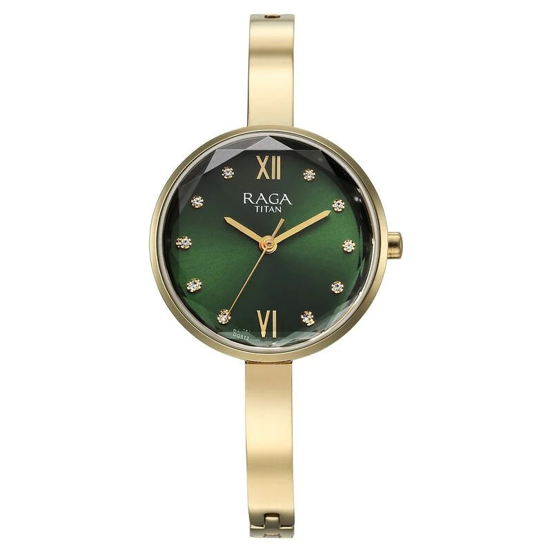 Titan Raga Showstopper Quartz Analog Green Dial Metal Strap Watch for Women 95271YM01