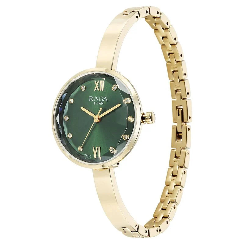 Titan Raga Showstopper Quartz Analog Green Dial Metal Strap Watch for Women 95271YM01