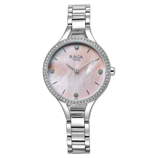 Titan Raga Showstopper Quartz Analog Mother Of Pearl Dial Metal Strap Watch for Women 95275SM01