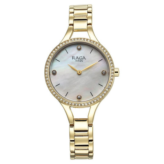 Titan Raga Showstopper Quartz Analog Mother Of Pearl Dial Metal Strap Watch for Women 95275YM01