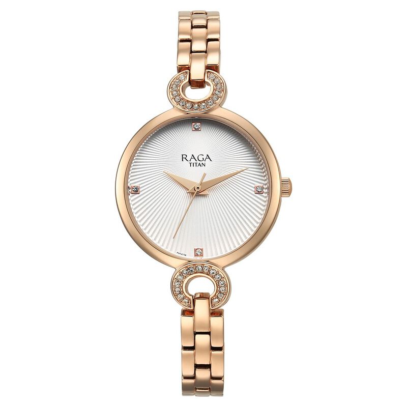 Titan Raga Showstopper Quartz Analog White Dial Metal Strap Watch for Women 95278WM01