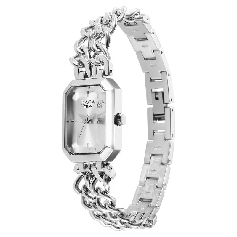 Titan Raga Showstopper Quartz Analog Silver Dial Metal Strap Watch for Women 95283SM01