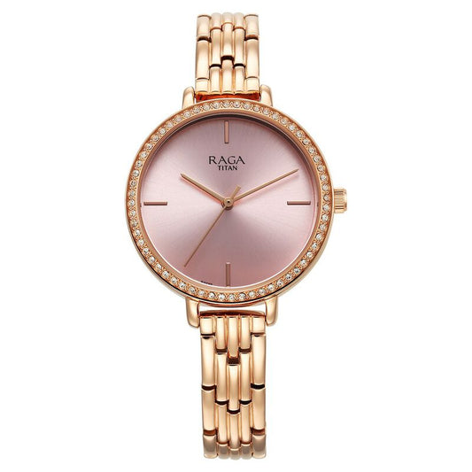 Titan Raga Showstopper Quartz Analog Pink Dial Metal Strap Watch for Women 95286WM01