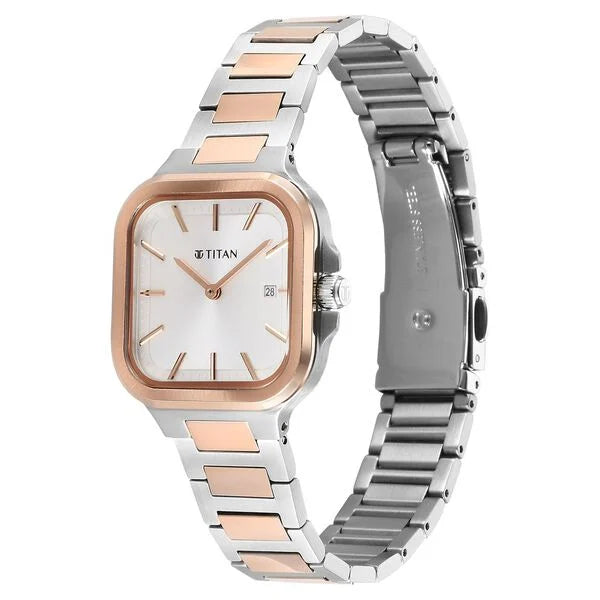 Titan Slim Square Quartz Analog with Date Silver Dial With Two Toned Color Stainless Steel Strap Watch For Women 95291km01