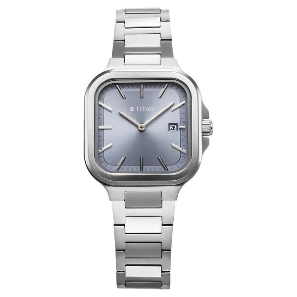 Titan Slim Square Quartz Analog with Date Blue Dial With Silver Color Stainless Steel Strap Watch For Women 95291sm01