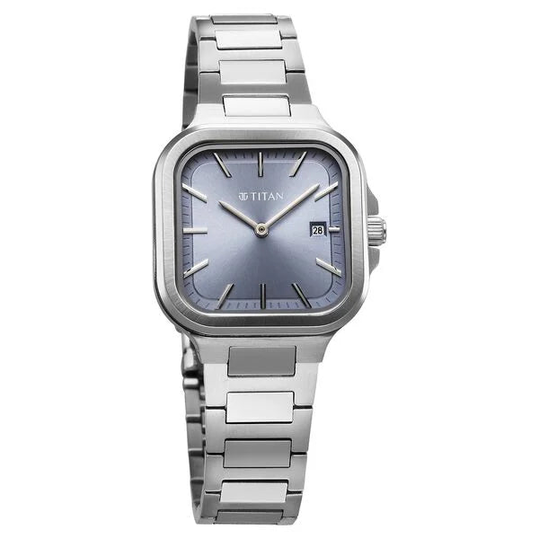 Titan Slim Square Quartz Analog with Date Blue Dial With Silver Color Stainless Steel Strap Watch For Women 95291sm01