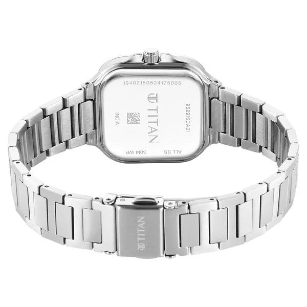 Titan Slim Square Quartz Analog with Date Blue Dial With Silver Color Stainless Steel Strap Watch For Women 95291sm01