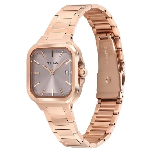 Titan Slim Square Quartz Analog with Date Lavender Dial With Rose Gold Color Stainless Steel Strap Watch For Women 95291wm01