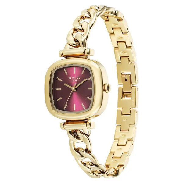 Titan Raga Showstopper Quartz Analog Maroon Dial Metal Strap Watch For Women 95302ym01