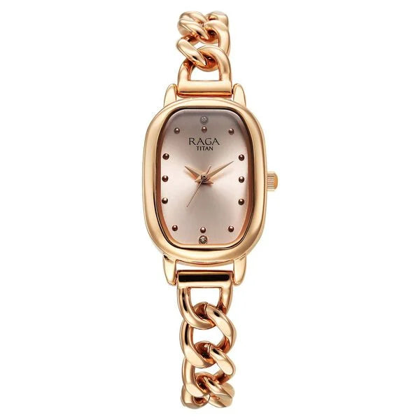 Titan Raga Showstopper Quartz Analog Rose Gold Dial Metal Strap Watch For Women 95309wm01