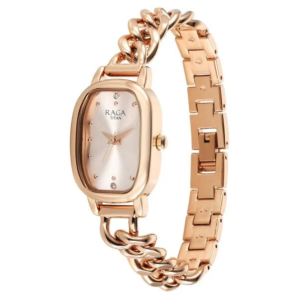 Titan Raga Showstopper Quartz Analog Rose Gold Dial Metal Strap Watch For Women 95309wm01