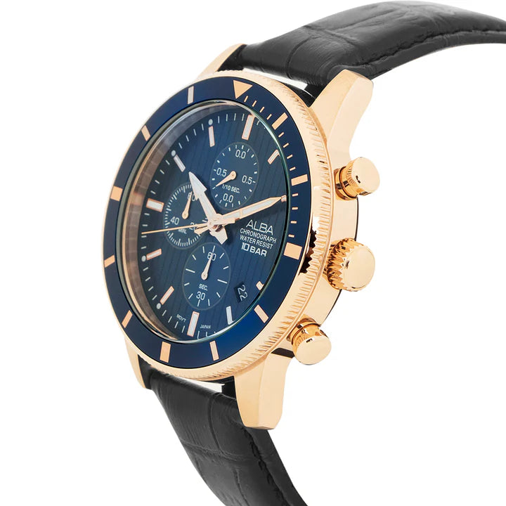 Alba Blue Patterned Dial Chronograph In Leather Strap AM3960X1