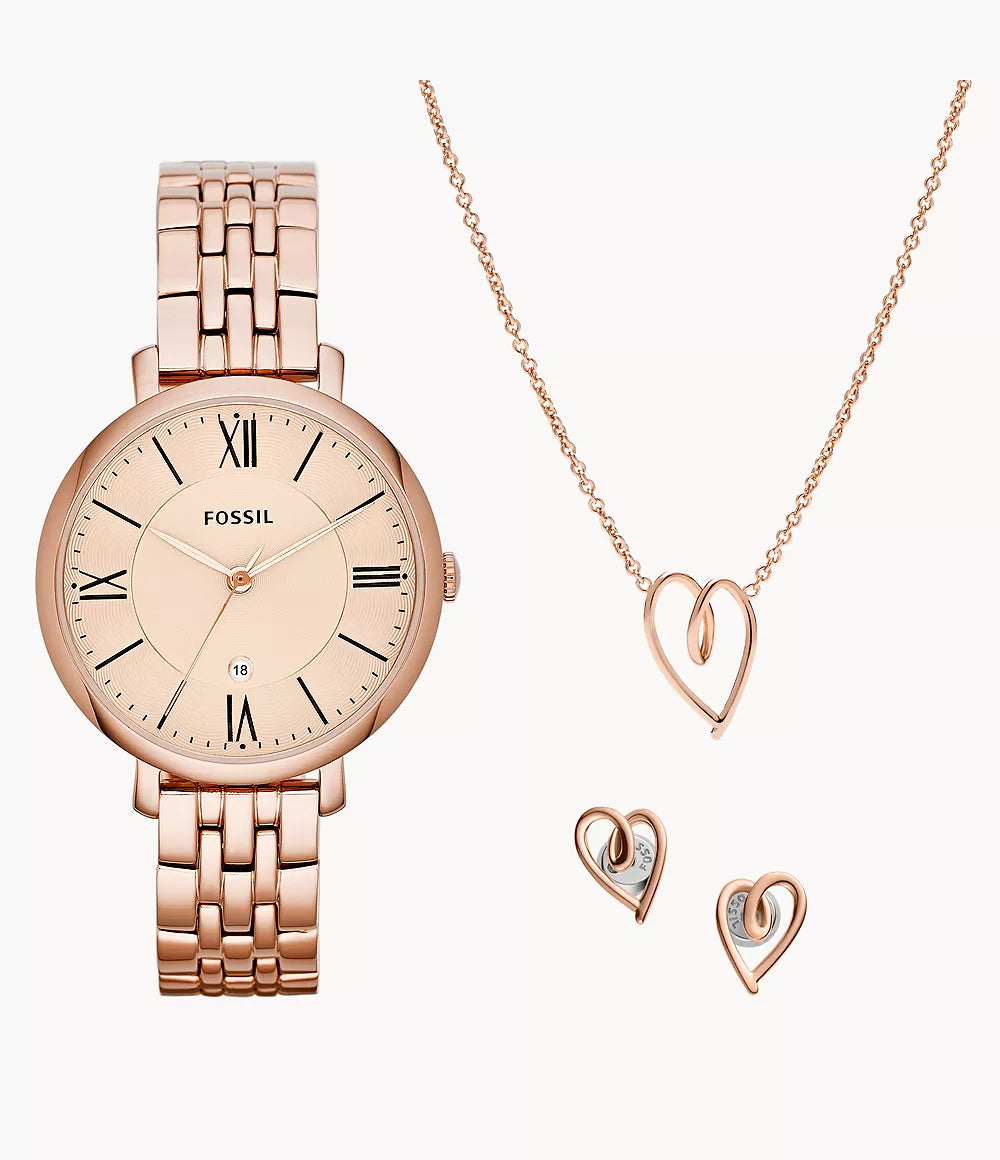 Jacqueline Three-Hand Date Rose Gold-Tone Stainless Steel Watch and Jewellery  ES5252SET