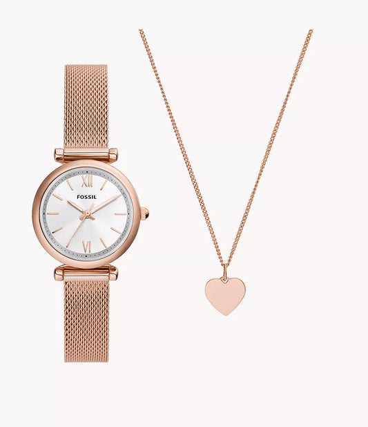 FOSSIL Carlie Three-Hand Rose Gold-Tone Stainless Steel Watch and Necklace Box ES5314SET