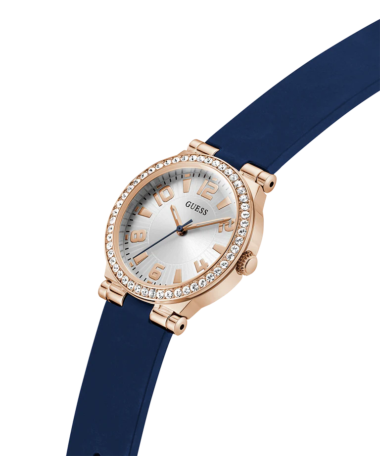 GUESS Ladies Blue Rose Gold Tone Analog Watch GW0844L3