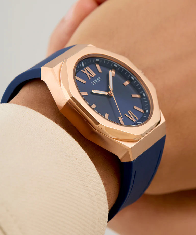 GUESS Mens Blue Rose Gold Tone Analog Watch GW0850G3