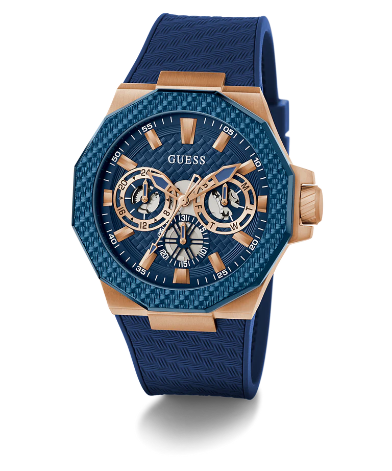 GUESS Mens Blue Rose Gold Tone Multi-function Watch GW0853G3