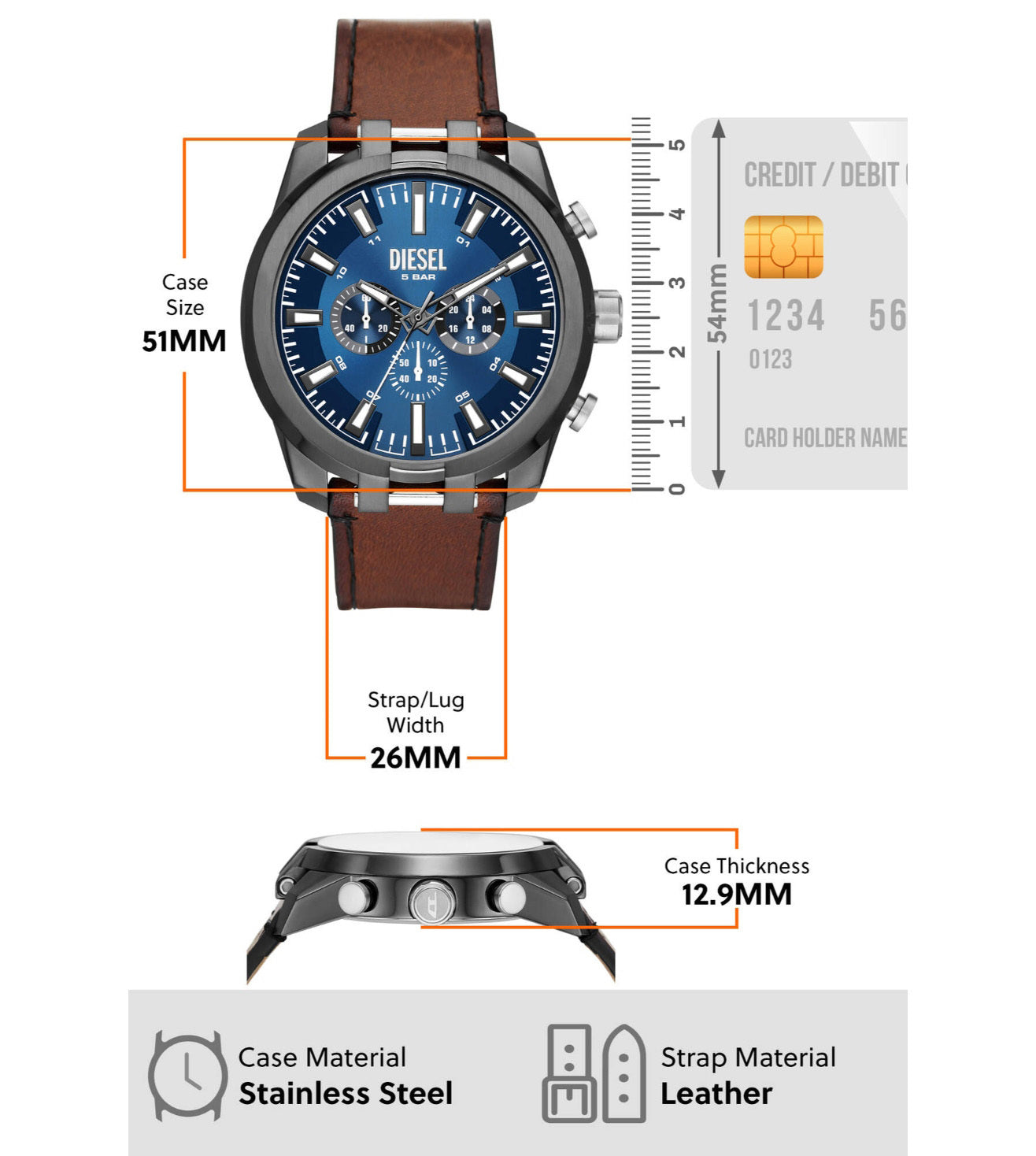Diesel Split Chronograph Brown Leather Watch DZ4643