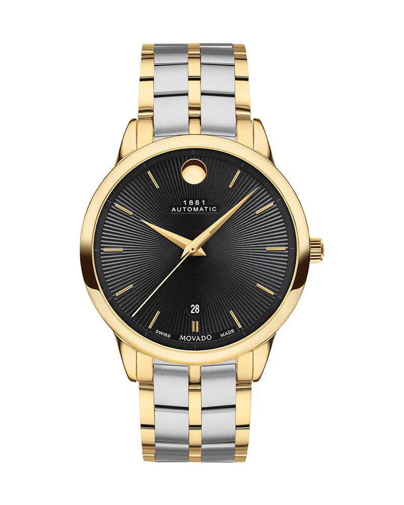 Movado 1881 Automatic Mens Stainless Steel Yellow Gold PVD Case Swiss Movement Black Dial Silver/Yellow Gold PVD Link Steel Bracelet Watch -607463