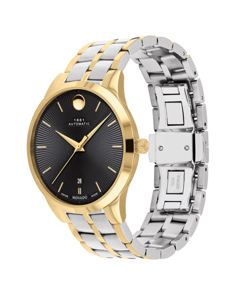 Movado 1881 Automatic Mens Stainless Steel Yellow Gold PVD Case Swiss Movement Black Dial Silver/Yellow Gold PVD Link Steel Bracelet Watch -607463