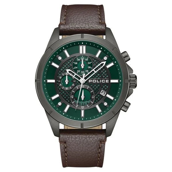 Police Chronograph Green Dial Brown Color Leather Strap Watch For Men plpewgc0054002