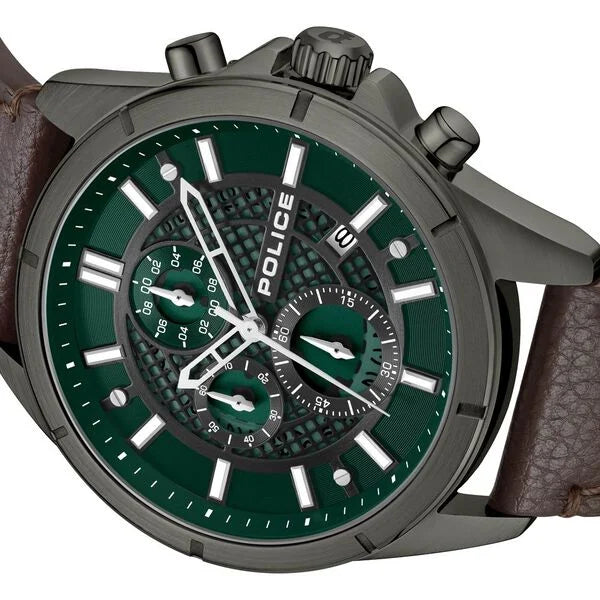 Police Chronograph Green Dial Brown Color Leather Strap Watch For Men plpewgc0054002