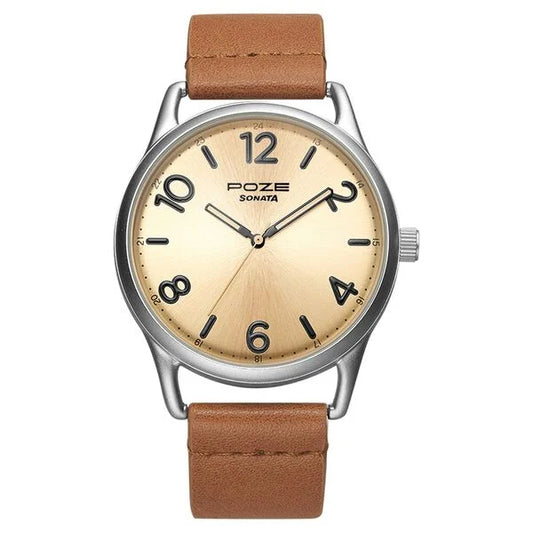 Poze by Sonata Quartz Analog Beige Dial PU Leather Strap Watch for Men SP70014SL01W