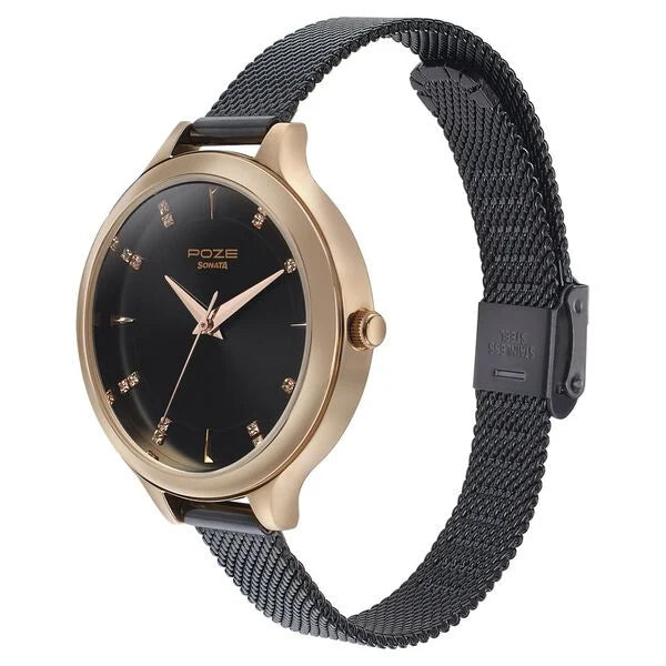 Sonata Poze Quartz Analog Black Dial Metal Strap Watch for Women SP80015KM01