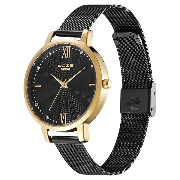 Poze by Sonata Quartz Analog Black Dial Stainless Steel Strap Watch for Women SP80019KM01W