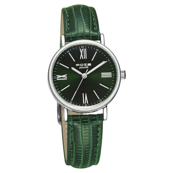 Poze by Sonata Quartz Analog Green Dial PU Leather Strap Watch for Women SP80037SL01W