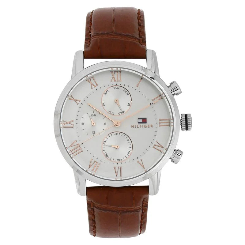 Tommy Hilfiger Quartz Multifunction Silver Dial Leather Strap Watch for Men NETH1791400