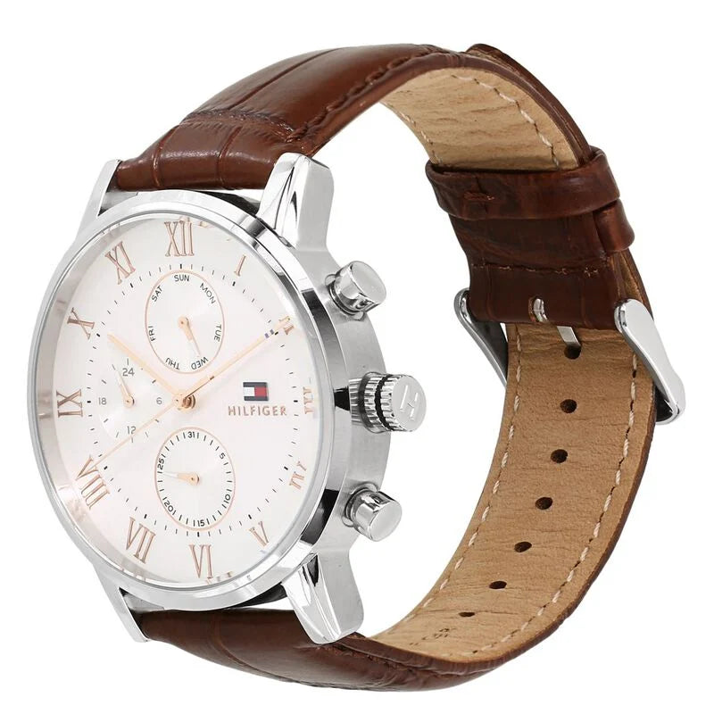 Tommy Hilfiger Quartz Multifunction Silver Dial Leather Strap Watch for Men NETH1791400