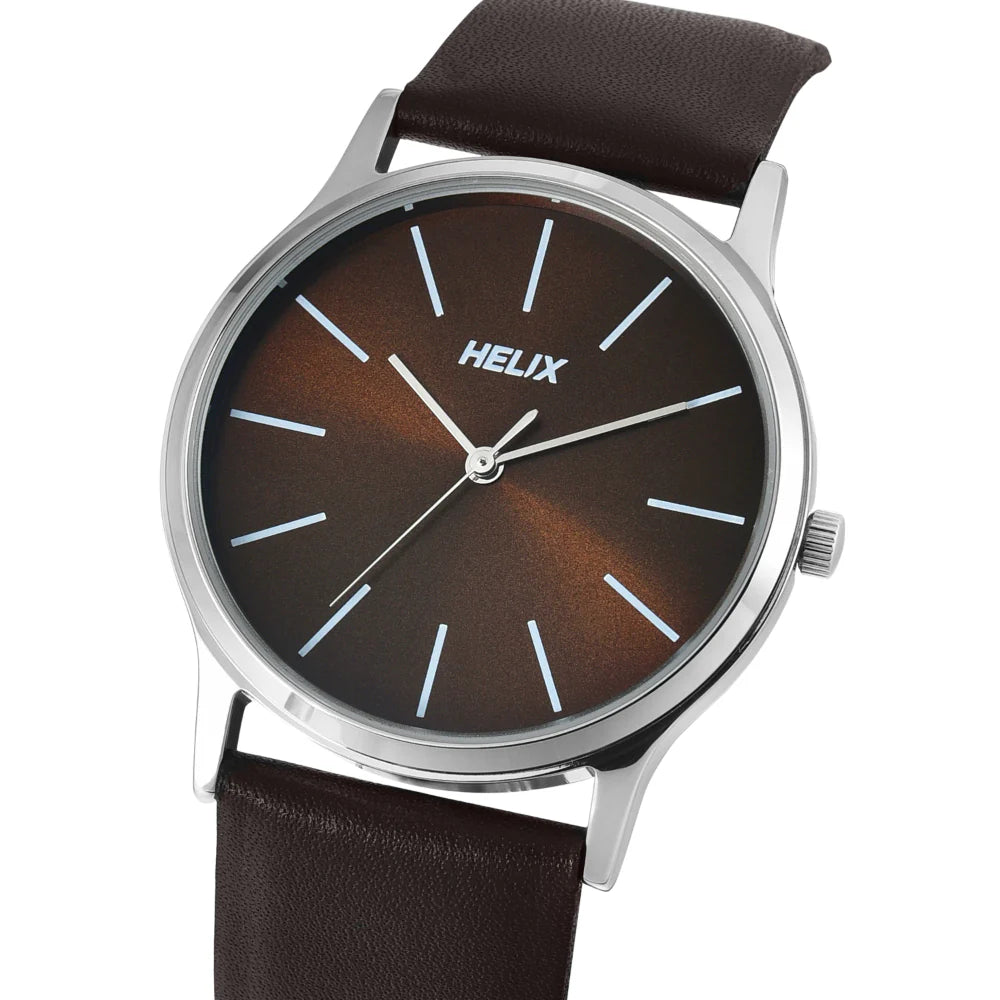 Helix By Timex Brown Round Analog Leather Watch Men -TW054HG03