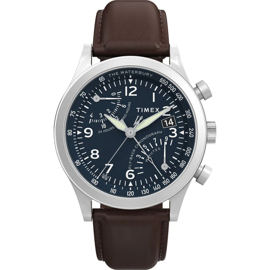 TIMEX Waterbury Traditional Fly Back Chronograph 43mm Leather Strap Watch TW2W47900UJ