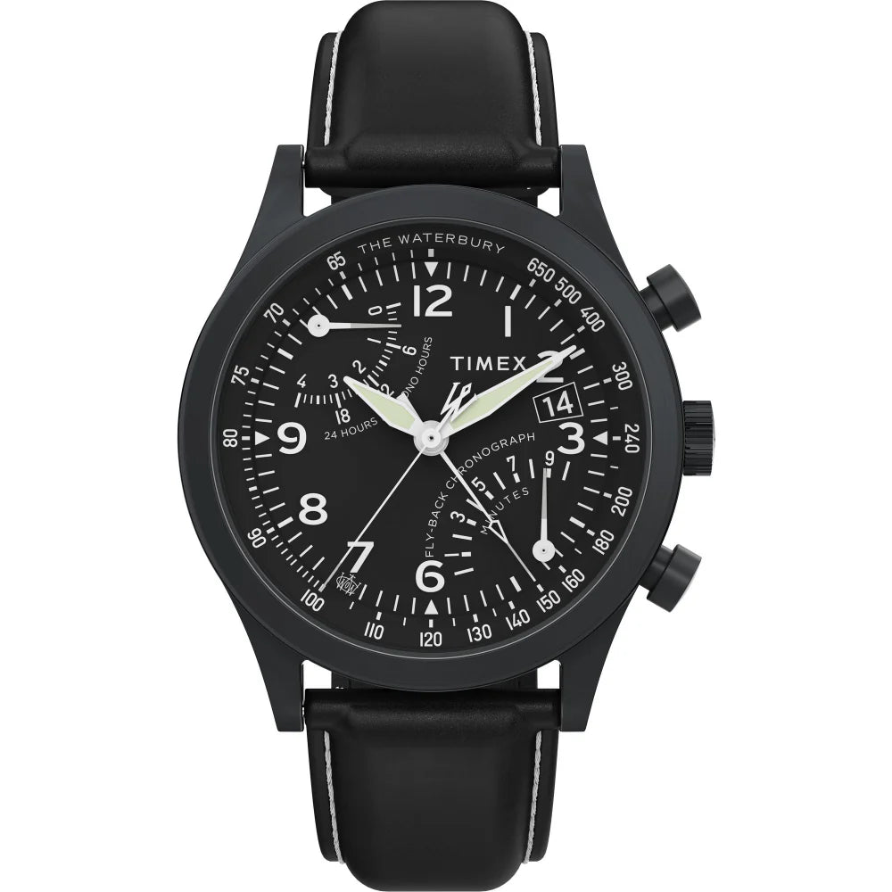 TIMEX Waterbury Traditional Fly Back Chronograph 43mm Leather Strap Watch TW2W48000UJ