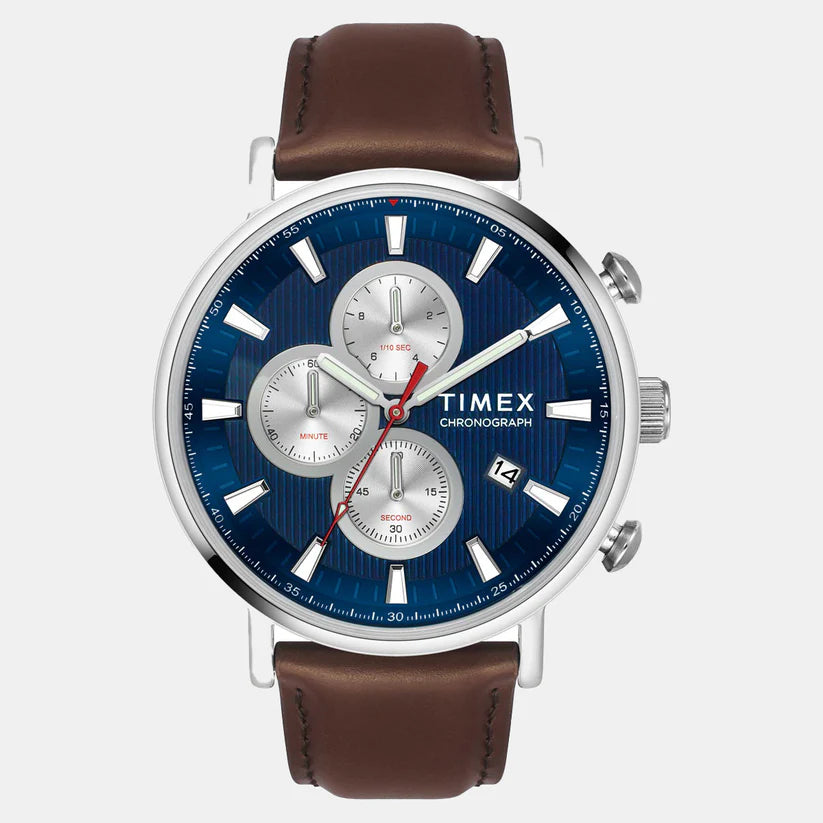 Timex  Men's Blue Round Chronograph Leather Watch TWEG20024