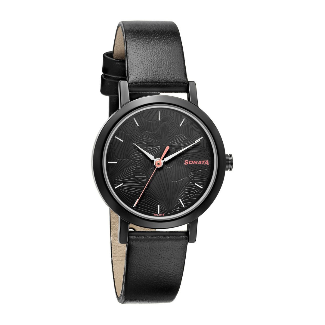 Linnea Black Dial Black Leather Strap Watch NR8174NL01