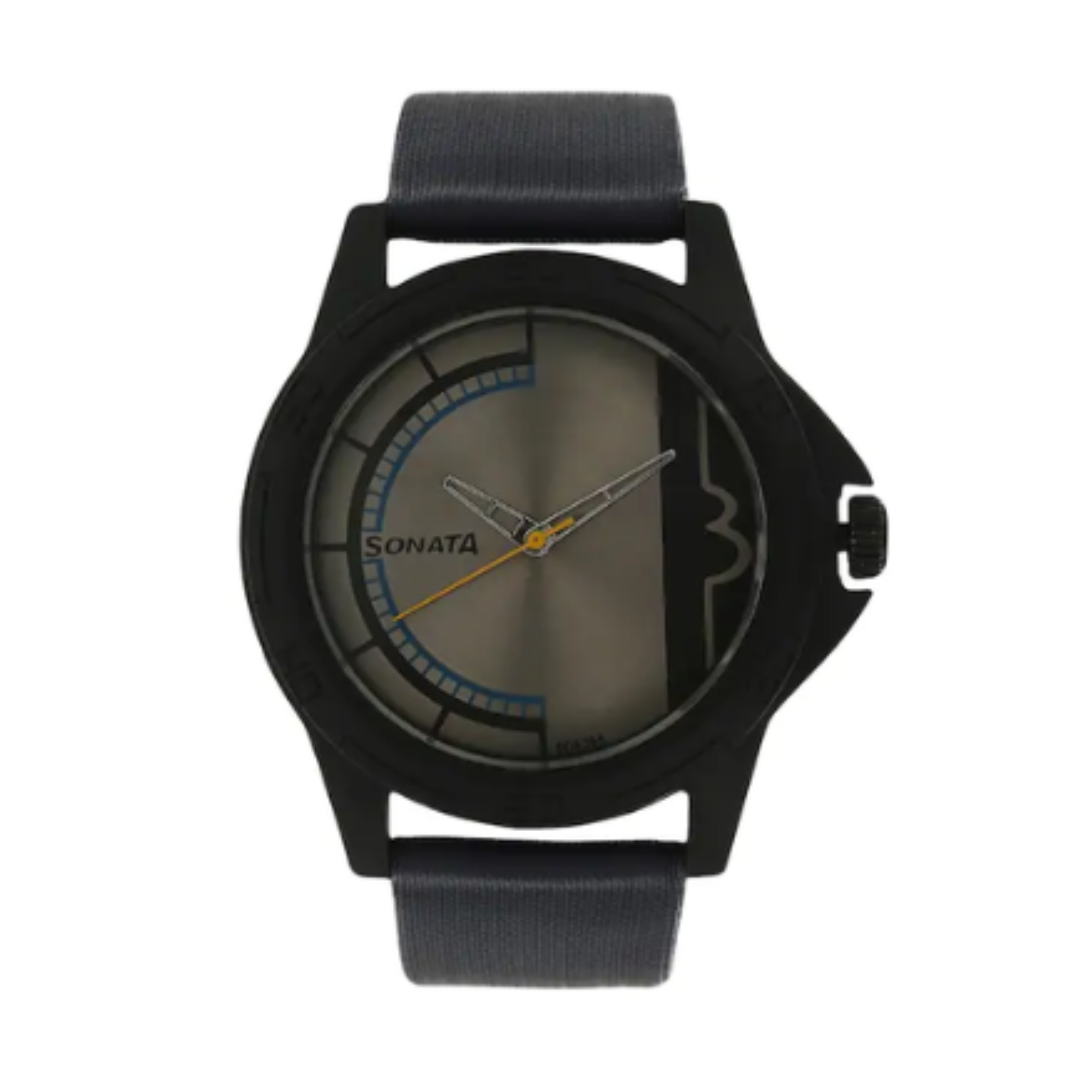 Grey Dial Black Leather Strap Watch NM77018PL02