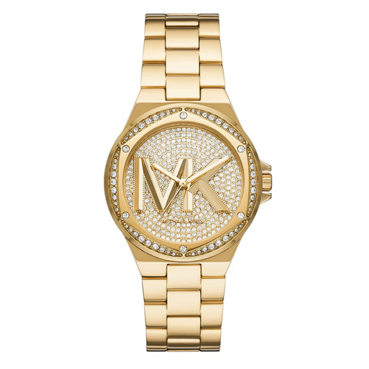 Lennox Pavé Logo Gold-Tone Logo Watch MK7229