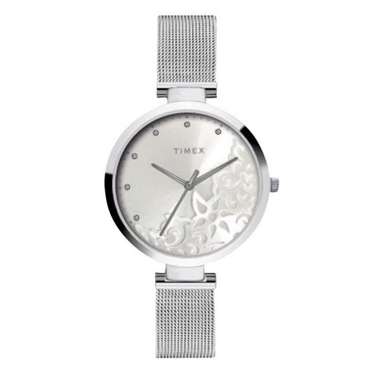 TIMEX FASHION WOMEN'S SILVER DIAL ROUND CASE 3 HANDS FUNCTION WATCH -TW000X216