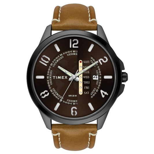 TIMEX FASHION MEN'S BROWN DIAL ROUND CASE DAY DATE FUNCTION WATCH -TWEG16504