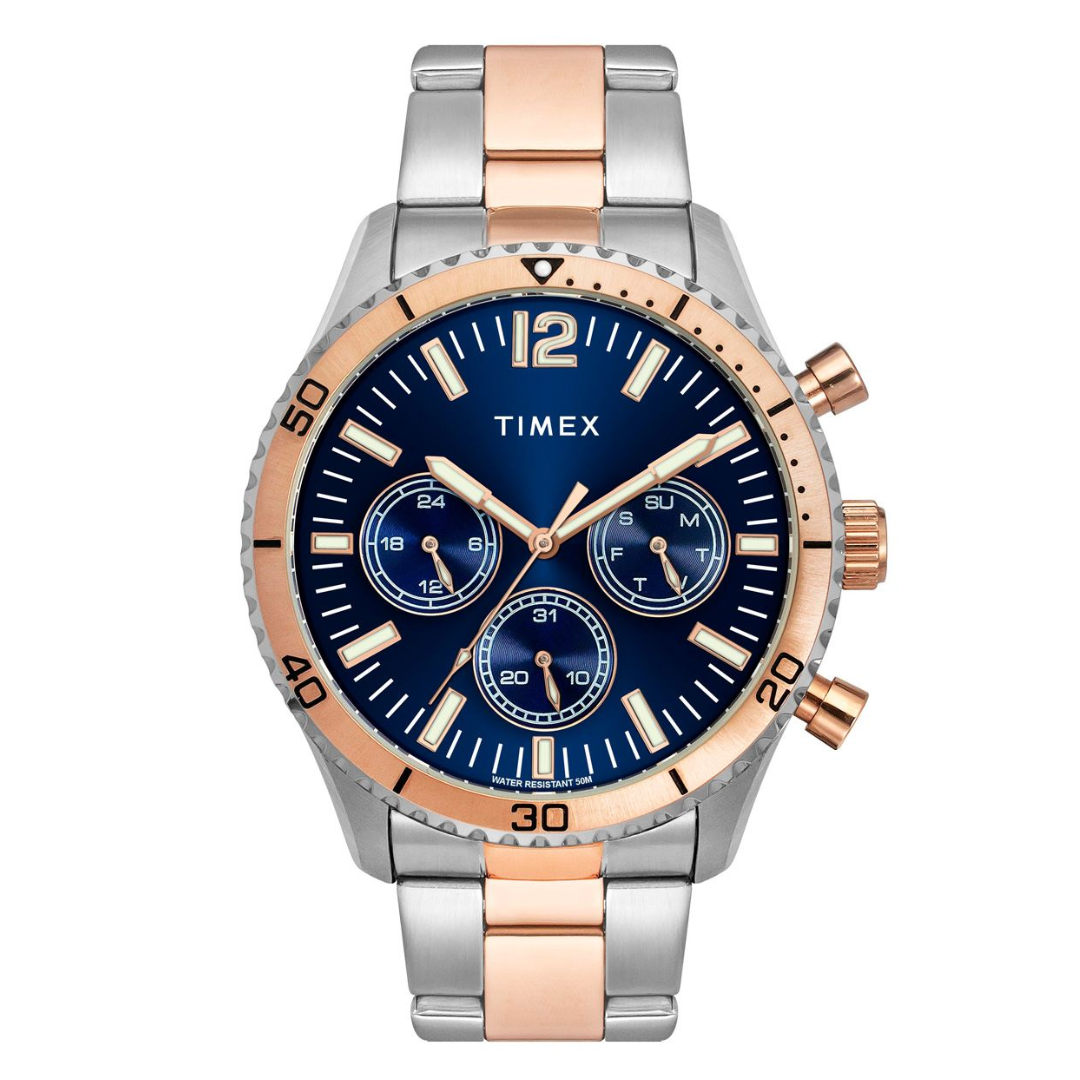 TIMEX E-CLASS PREMIUM-SPORT COLLECTION MULTIFUNCTION MEN ANALOG BLUE DIAL COLOURED QUARTZ WATCH, ROUND DIAL WITH 43 MM CASE WIDTH - TWEG22202